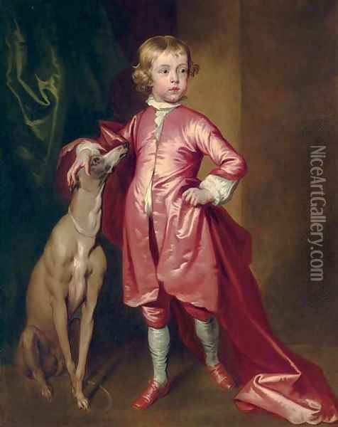 Portrait of a boy, full-length, in pink, with a greyhound, in an interior Oil Painting - John Vanderbank