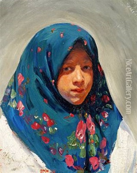 Portrait Of A Young Russian Woman With A Flowered Headscarf Oil Painting - Ivan Semionovich Kulikov