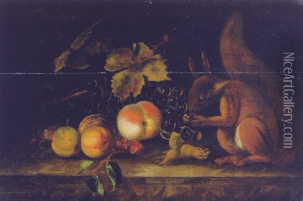 Grapes, Peaches, Red Currants And Hazelnuts With A Squirrel On A Ledge Oil Painting - Jakob Bogdani