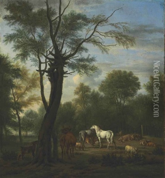 Two Horses, Cows, Sheep And Goats In A Woodland Clearing Oil Painting - Adriaen Van De Velde