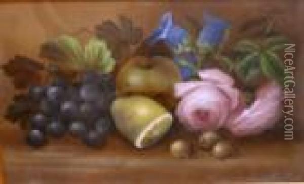 Still Life Fruits & Flowers In A Gilt Frame Oil Painting - Edwin Steele