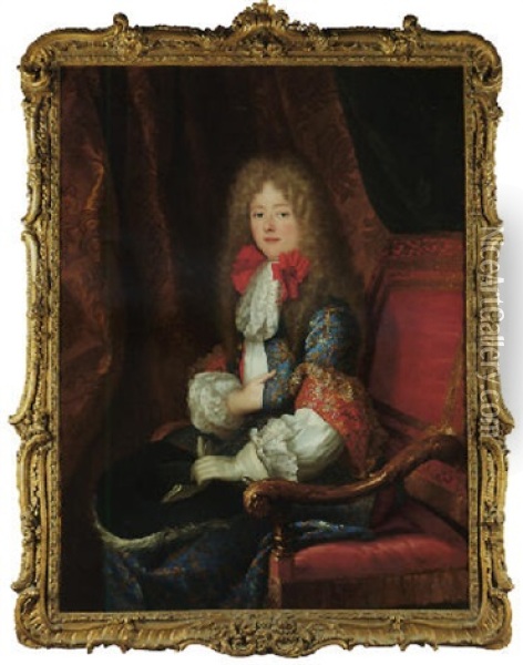 Portrait Of Philippe D'orleans, Duc De Chartres, Wearing A Long Wig, Embroidered Coat, A White Glove And Holding A Hat, In A Draped Interior Oil Painting - Louis Ferdinand Elle the Elder