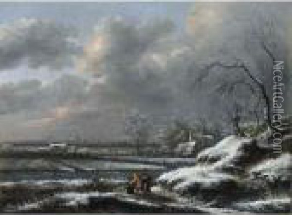A Winter Landscape With A Man 
Pushing A Sledge In The Foreground, A View Of Haarlem With The Cathedral
 Of St. Bavo Beyond Oil Painting - Claes Molenaar (see Molenaer)