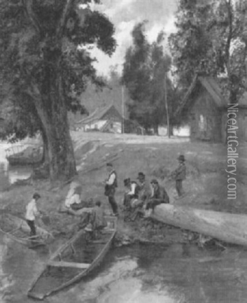 Bauern An Flussufer Bei Der Mittagsruhe Oil Painting - Josef Danilowatz
