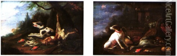 Chien Et Gibier Dans Un Paysage (+ Nature Morte Au Trophee De Chasse; Pair) Oil Painting - Adriaen de Gryef