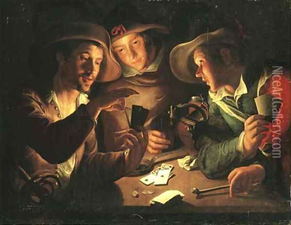 Soldiers playing cards by candlelight Oil Painting - Peter Wtewael