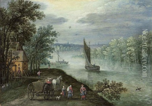 A Wooded, River Landscape With A Sailing Boat, Figures With A Horse And Cart On A Track In The Foreground Oil Painting - David Ryckaert the Younger