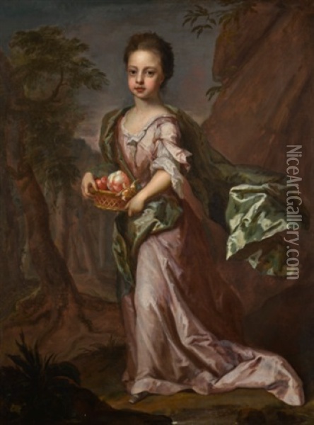 Portrait Of A Girl, Full-length, Wearing A Pink Dress And Green Shawl With A Basket Of Fruit, Standing In A Landscape Oil Painting - Michael Dahl