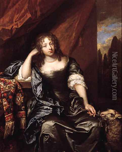 Portrait of a lady, seated small three quarter length on a draped balcony, wearing a grey silk dress with lace chemise, blue wrap and pearl necklace, Oil Painting - Caspar Netscher