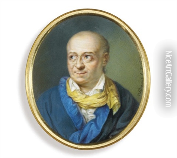 Salomon Gessner, In Blue-lined Greenish-blue Gown, White Shirt And A Yellow Scarf Tied Loosely Around His Neck Oil Painting - Jean Francois Victor Dupont