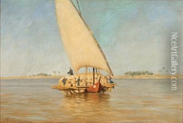 Marine Scene With A Sailboat On The Nile Oil Painting - Andreas Christian Riis Carstensen