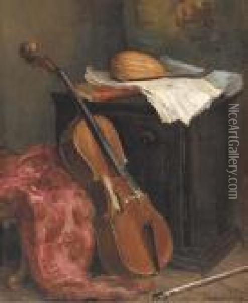 A Cello And A Mandolin In An Interior Oil Painting - Henri Michel-Levy