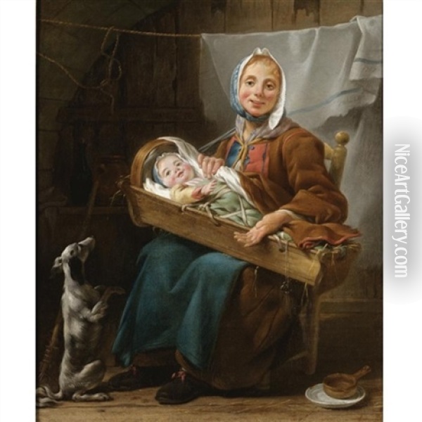 A Portrait Of A Woman, Said To Be Genevieve Lorry, Dressed As A Savoyarde, Holding A Child In A Crib, Sitting In A Courtyard, Together With A Dog Oil Painting - Noel Halle