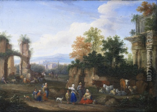 Peasants Grazing Their Cattle In An Open Landscape, Amongst Classical Ruins Oil Painting - Pieter Bout