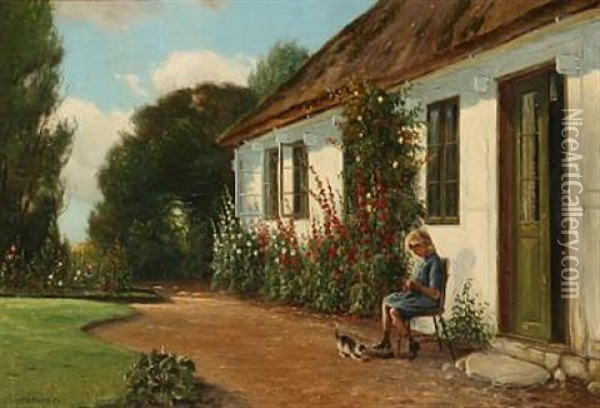 Summer Idyll At A Farmer House With A Little Girl Doing Her Needlework Oil Painting - Hans Hilsoe