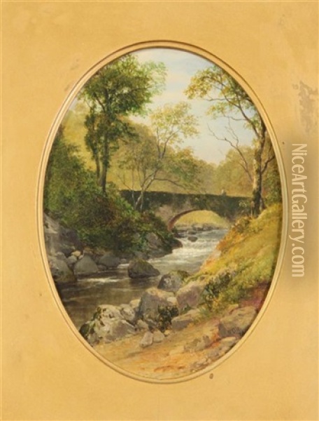 Waterfall And Stream Beneath A Stone Bridge (pair) Oil Painting - Edmund Gill