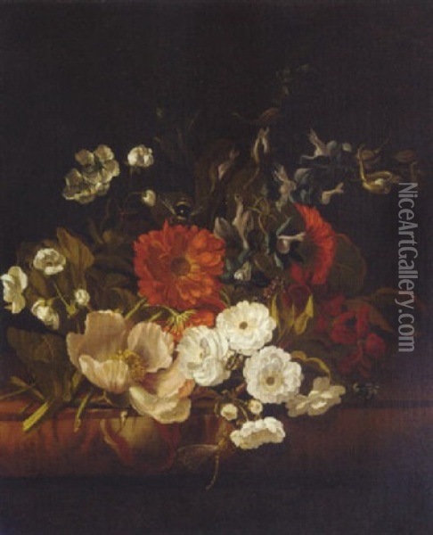 Flowers With Bees, A Beetle, A Caterpillar And A Dragonfly On A Ledge Oil Painting - Rachel Ruysch