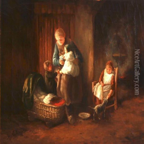 Interior With A Grandfather And Children Oil Painting - Jan Victors