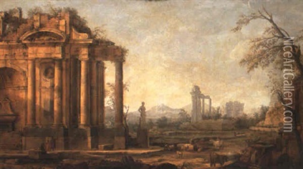 Capriccio Of Ruins Near A Pool With Gentlefolk And Goatherds Oil Painting - Pierre Antoine Patel