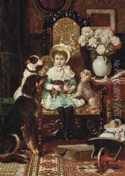 Doddy And Her Pets, A Portrait Of The Daughter Of J. Rolls Hoare Oil Painting - Charles Trevor Garland