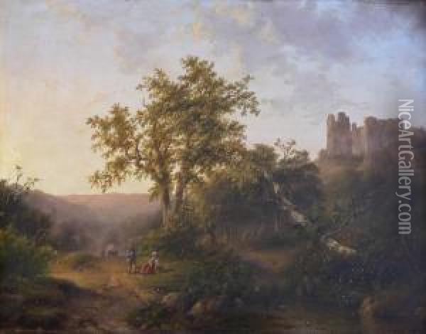 Wandelaars In Een Heuvelachtig Landschap Met Een Ruine. Oil Painting - Johannes Petrus van Velzen