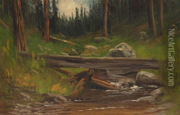 The Cascade On Lealand Creek At Cow Creek, Tuolnmne [sic] Co. California, June 17, 1918, Fallen Log Across A Stream Oil Painting - James Everett Stuart