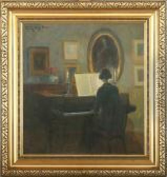 Woman By The Piano Oil Painting - Poul Friis Nybo