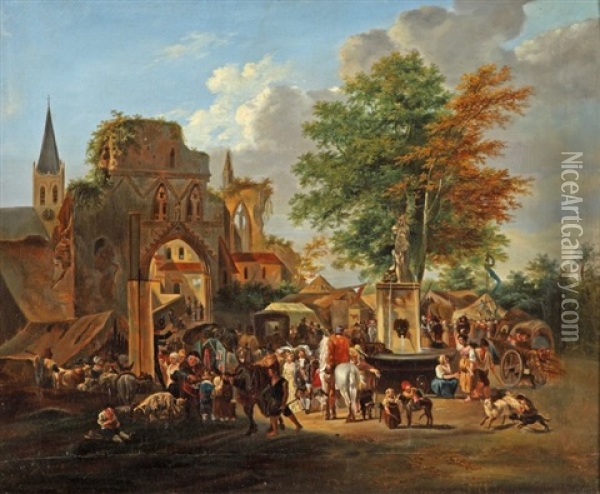 Scene De Marche Pres D'une Fontaine A La Porte D'une Ville Oil Painting - Jean-Louis Demarne