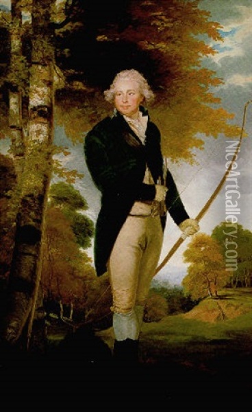 Portrait Of Sir Foster Cunliffe, 3rd Bt Of Acton Park, Denbigh, Standing In A Landscpe, Holding A Bow And Arrow, Wearing A Green Coat And Buff Breeches Oil Painting - Sir John Hoppner