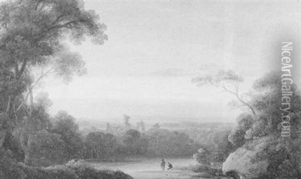 A Landscape At Evening With Figures By A Lake With Ruined Abbey Beyond Oil Painting - John Rathbone