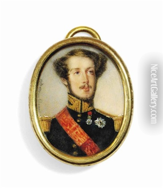 Prince Ferdinand Philippe, Duc D'orleans (1810-1842), In Black Coat With Gold Embroidered Oak Leaf Collar And Gold Epaulettes, Wearing The Red Moire Sash Oil Painting - Amelie Daubigny