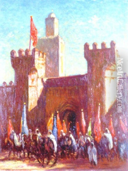 Les Porte-drapeaux Du Cortege Royal A Fes Oil Painting - Joseph De La Neziere