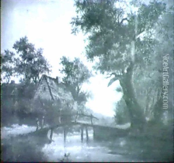 A Wooded River Landscape With A Footbridge, A Farmstead     Beyond Oil Painting - Patrick Nasmyth