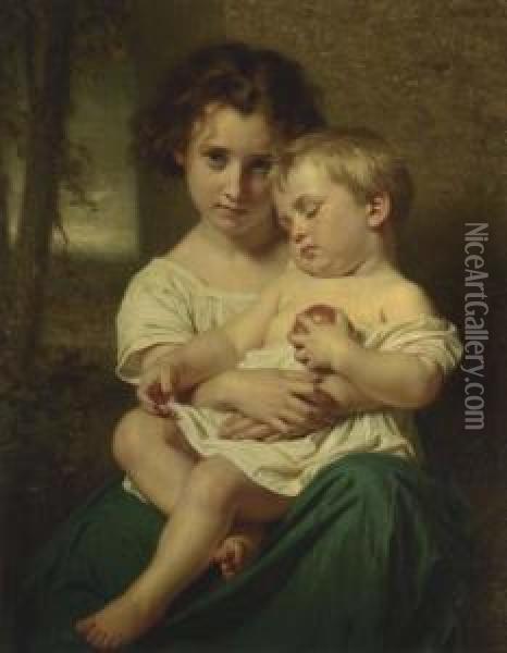 Jeune Fille Tenant Un Enfant Endormi Oil Painting - Hugues Merle