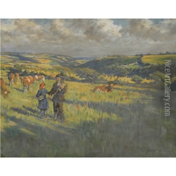 The Fields Above Newlyn Oil Painting - Stanhope Forbes