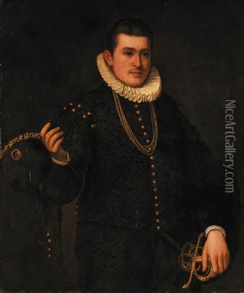 Portrait Of A Young Gentleman, 
Three-quarter-length, In Anembroidered Black Doublet With Gold Buttons, 
Doffing His Hat Insalute Oil Painting - Leandro Bassano
