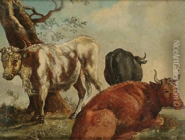 Three Bulls In A Landscape Oil Painting - Paulus Potter