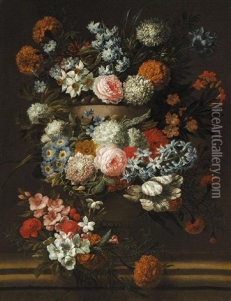 A Still Of Flowers In A Stone Urn, Including Roses And Chrysanthemums Oil Painting - Jan-Baptiste Bosschaert