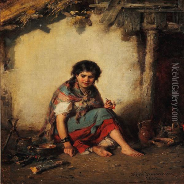 Young Gypsy Playing The Flute And Young Gypsy Girl Smoking A Pipe Oil Painting - Hermann Kern