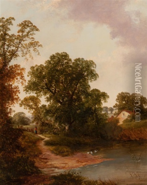 Country Landscape With Pond Oil Painting - Thomas Stanley Barber
