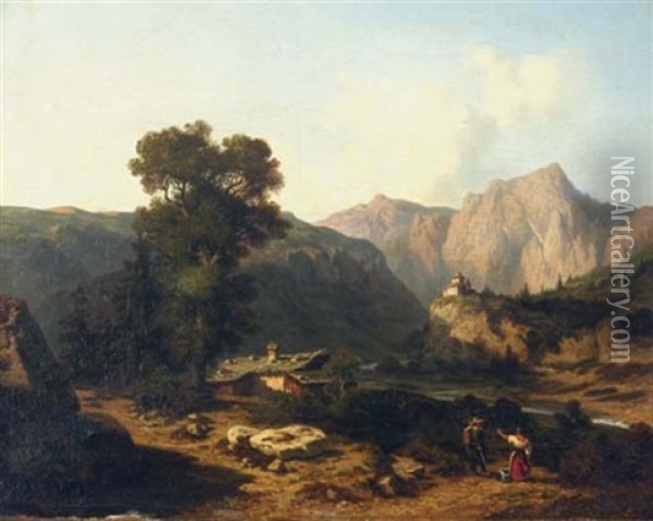 An Alpine Landscape With Figures By A Mountain Hut Oil Painting - Leonard-Alexis Dalige de Fontenay