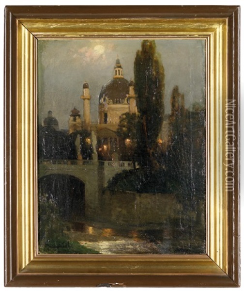 Die Elisabethbrucke, Im Hintergrund Die Karlskirche Oil Painting - Anton Hlavacek