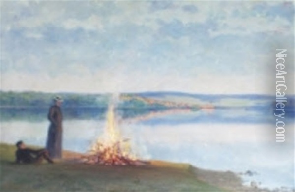 Strandbrasa I Nordisk Sommarnatt Oil Painting - Maria Wrangel