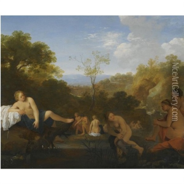 Landscape With Nymphs Bathing Oil Painting - Cornelis Van Poelenburgh