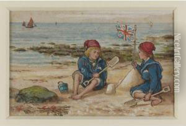 Two Children On A Beach Oil Painting - John G. Sowerby