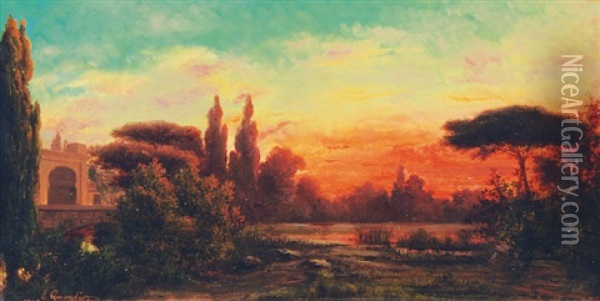 Mediterranean Landscape At Sunset Oil Painting - Eugen Quaglio