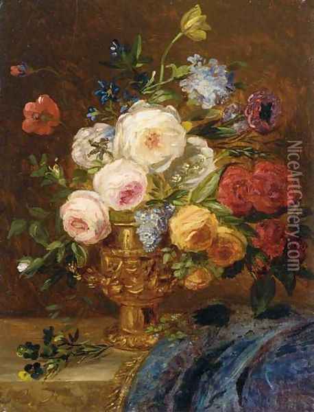 Still Life with Flowers in a Golden Vase Oil Painting - Adriana-Johanna Haanen