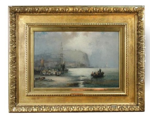 View Of Scarborough - The South Bay, Hill Top Castle And Harbour Oil Painting - William A. Thornbery