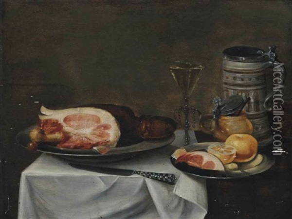 A Ham With Bone On A Pewter Platter, Lemons And Ham On A Pewter Platter, A Knife, A Pitcher, A Mustard Pot And A Facon-de-venise Wine Glass... Oil Painting - Willem Claesz Heda