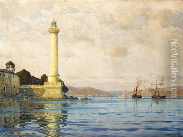 The Lighthouse At Seraglio Point, Leander's Tower And The Golden Horn Beyond Oil Painting - Michael Zeno Diemer